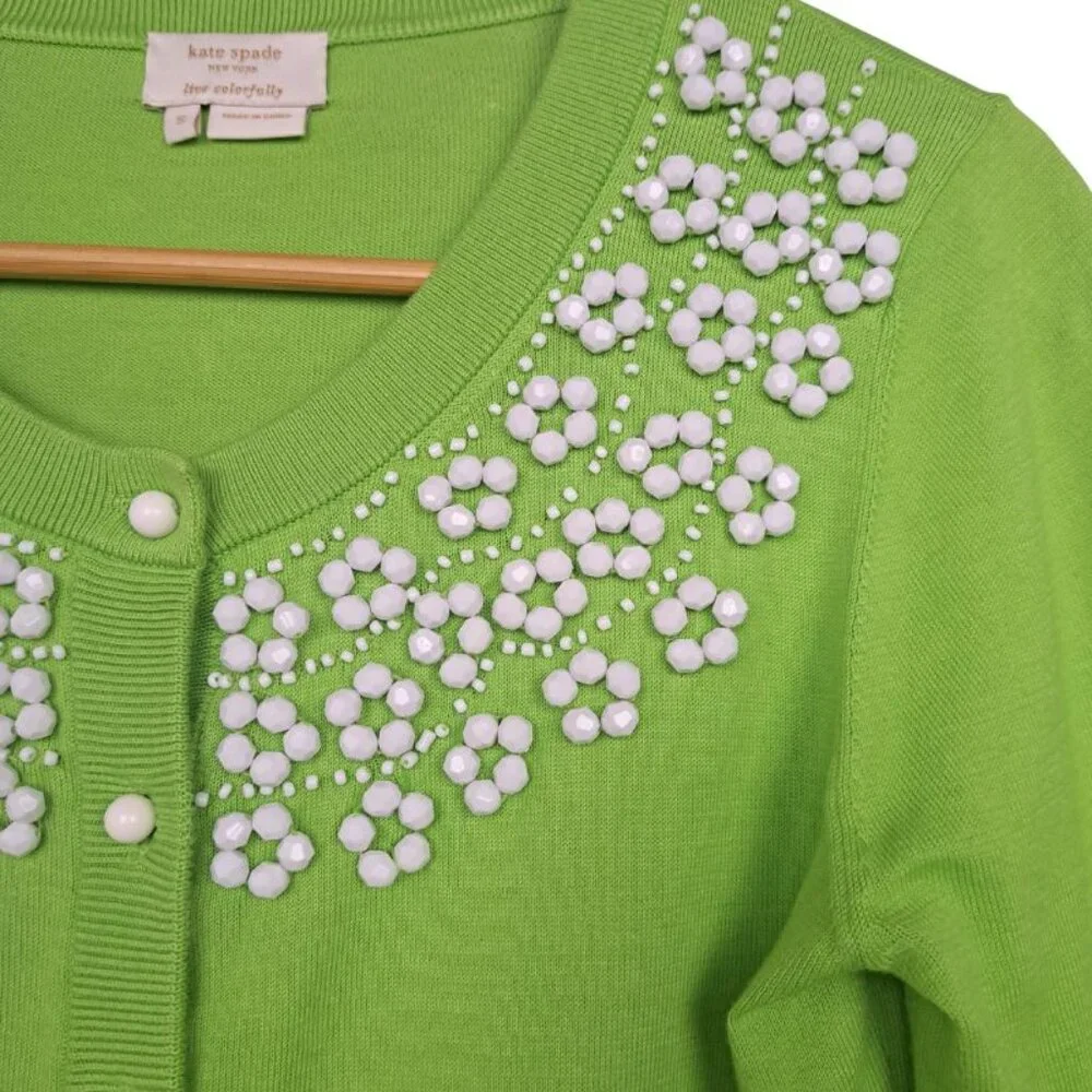 Kate Spade Beaded Floral Embellished 3/4 Sleeve Cardigan in Green Cotton Size S